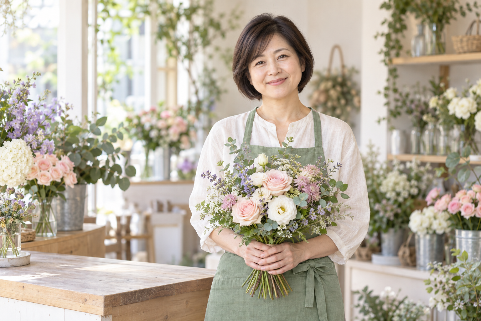 花束を持って迎える架空の店主